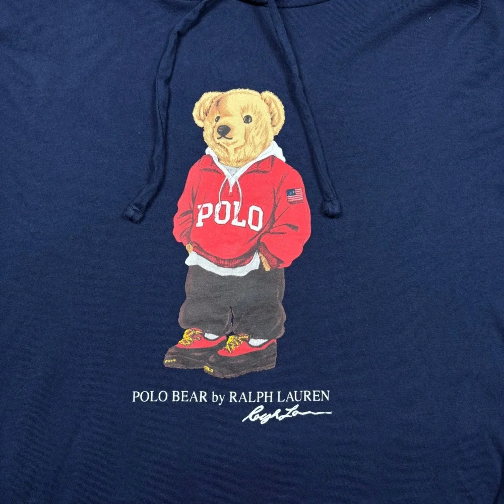 Polo Ralph Lauren Mens Polo Bear Hooded Long Sleeve T-Shirt Navy Blue Large
